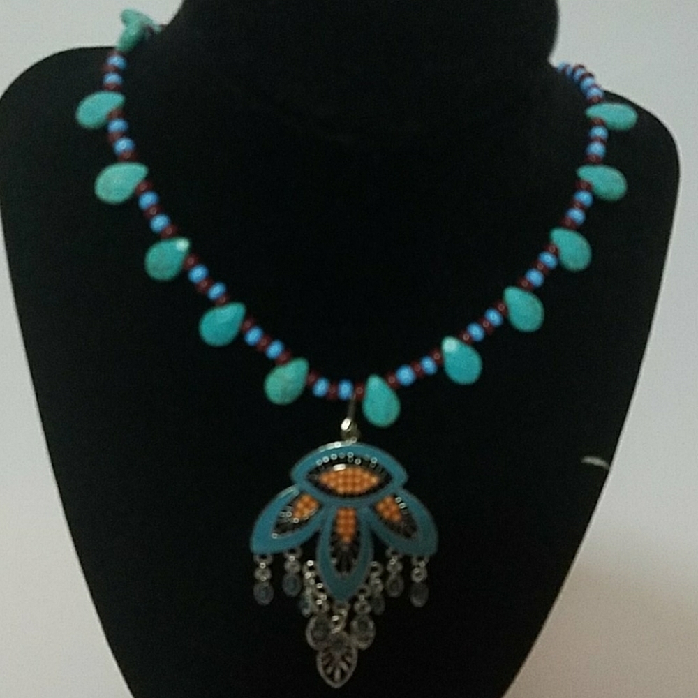 Light blue and maroon Native American necklace